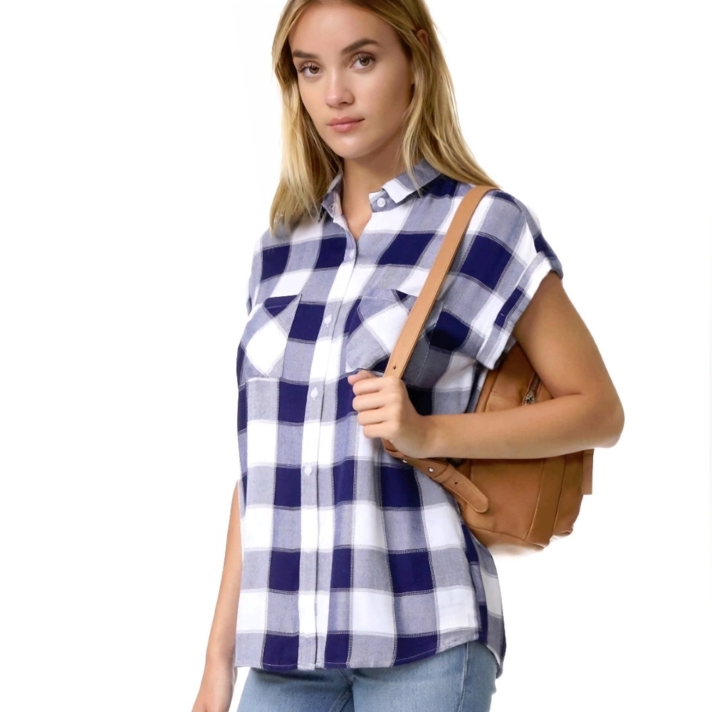 Rails Women's Britt Rolled Sleeve Button Down Plaid Shirt Blue/White Size Medium - Picture 3 of 15